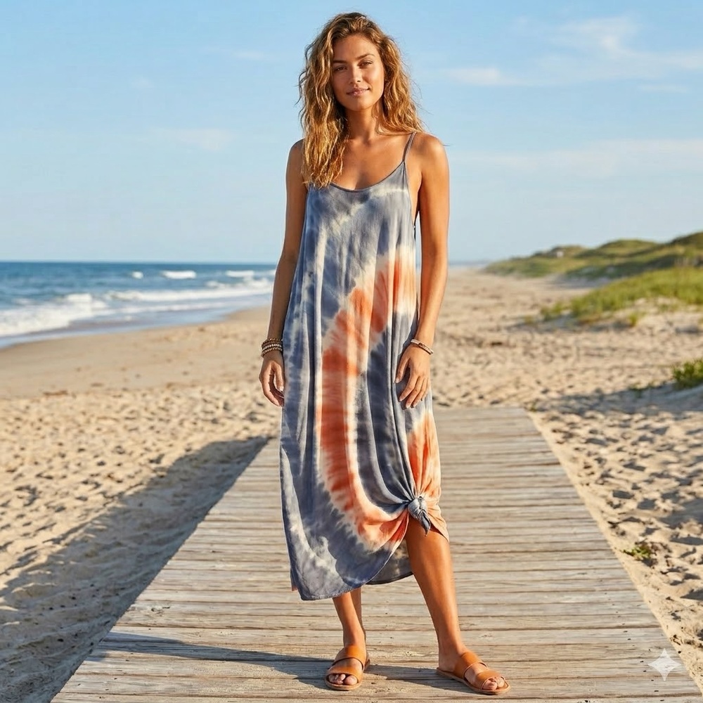 Foxxy Women’s Tie Dye Dress/ Beach Cover Up Bottom Knot Spaghetti Straps Size L